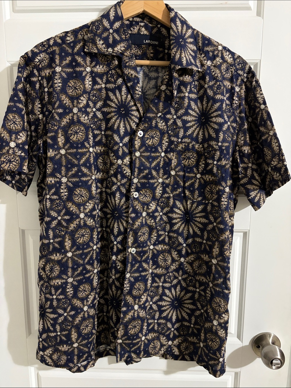 Lardini Navy & Beige Geometric Short-Sleeve Button-Down Shirt